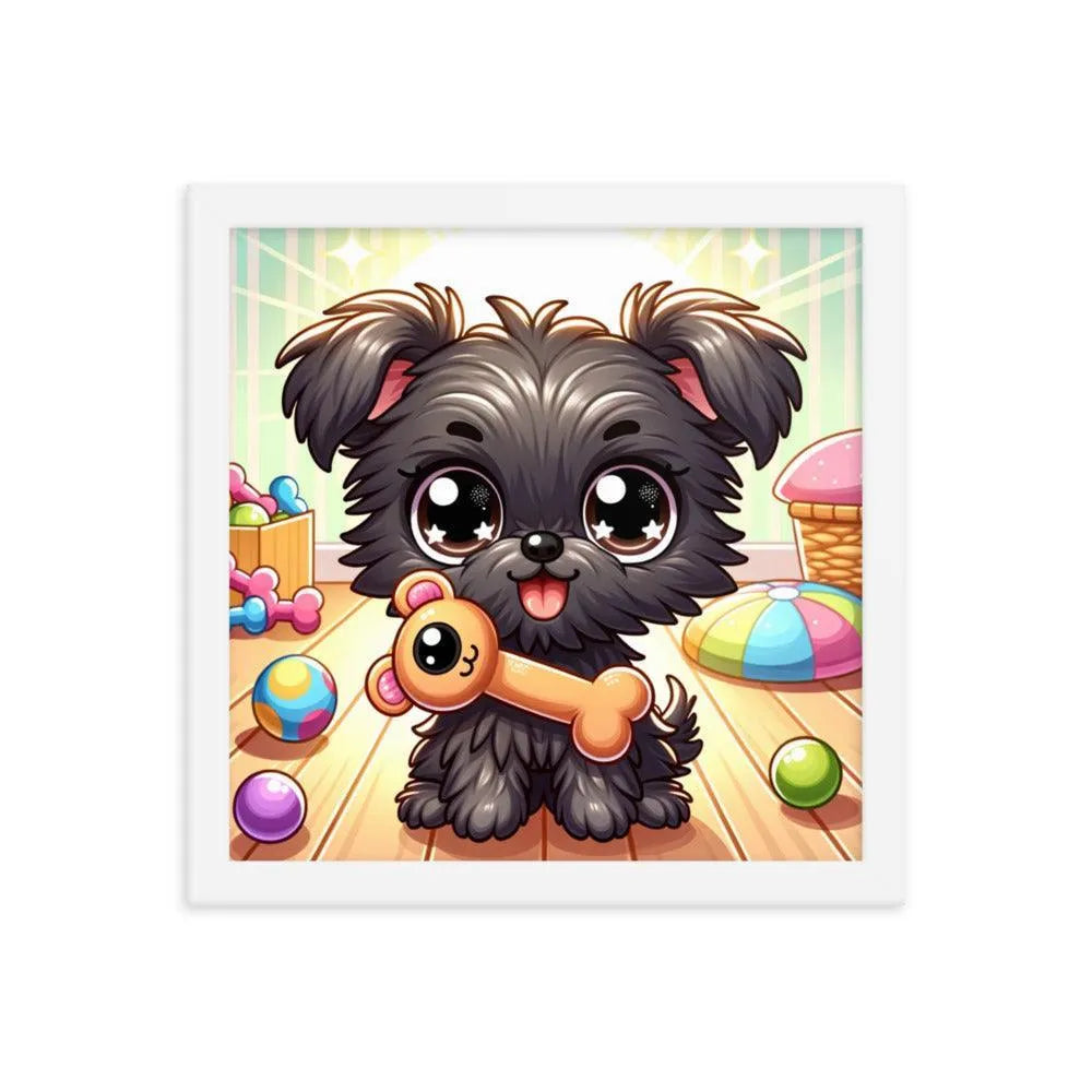 Cute Affenpinscher Puppy with Toy - Playful Charm in Cartoon Framed Poster - Oh Posters