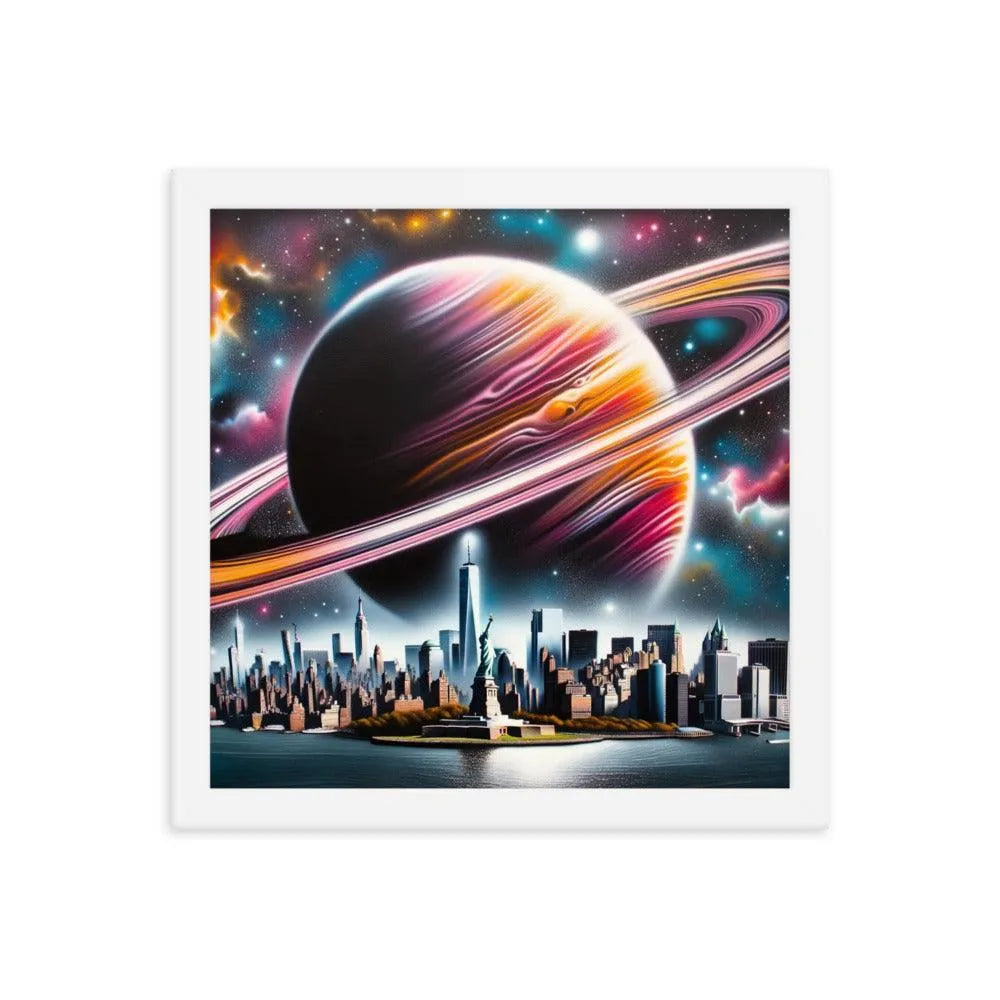 Futuristic New York City Skyline with Saturn Spray Paint Art Framed Poster - Oh Posters