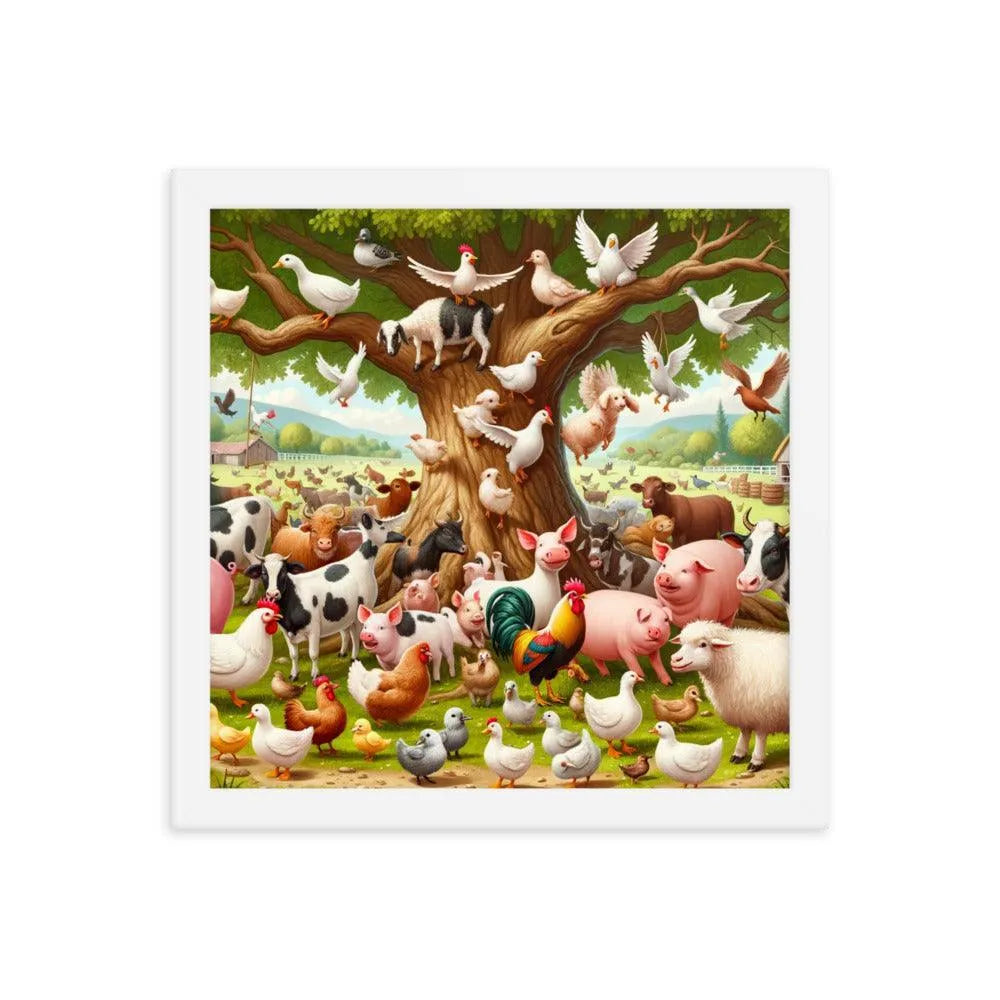 Diverse Farm Animal Gathering Illustration Framed Poster - Oh Posters