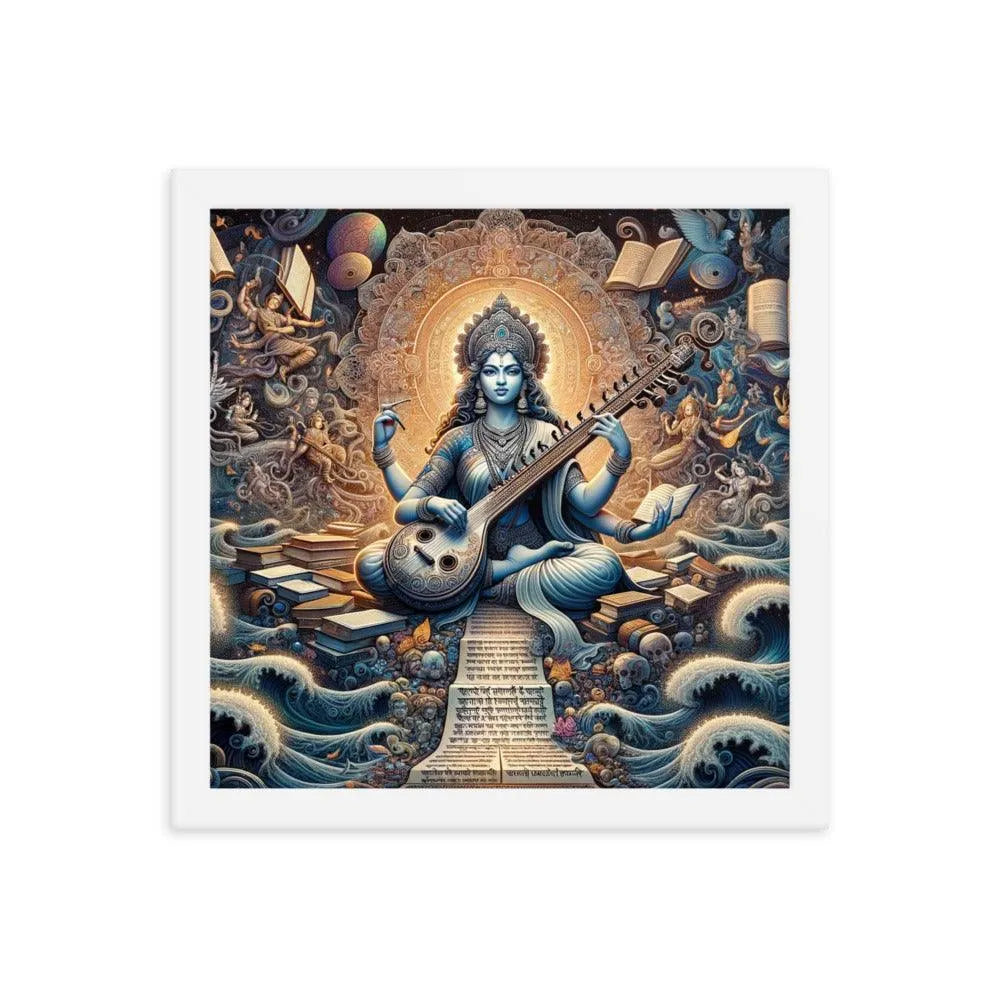 Goddess Saraswati Playing Veena amidst a Lush Landscape Hindu Artistic Framed Poster - Oh Posters