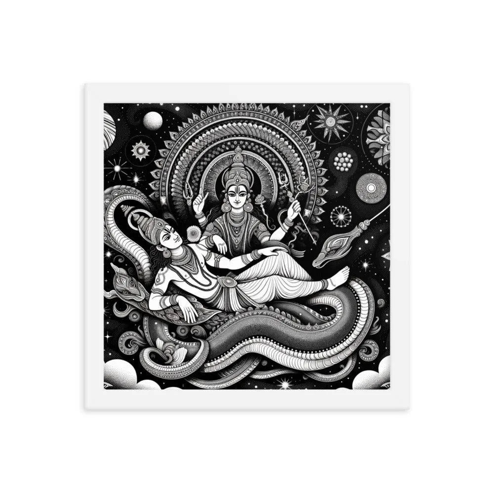 Hindu Lord Vishnu and Goddess Lakshmi Cosmic Serpent Divine Art Framed Poster - Oh Posters