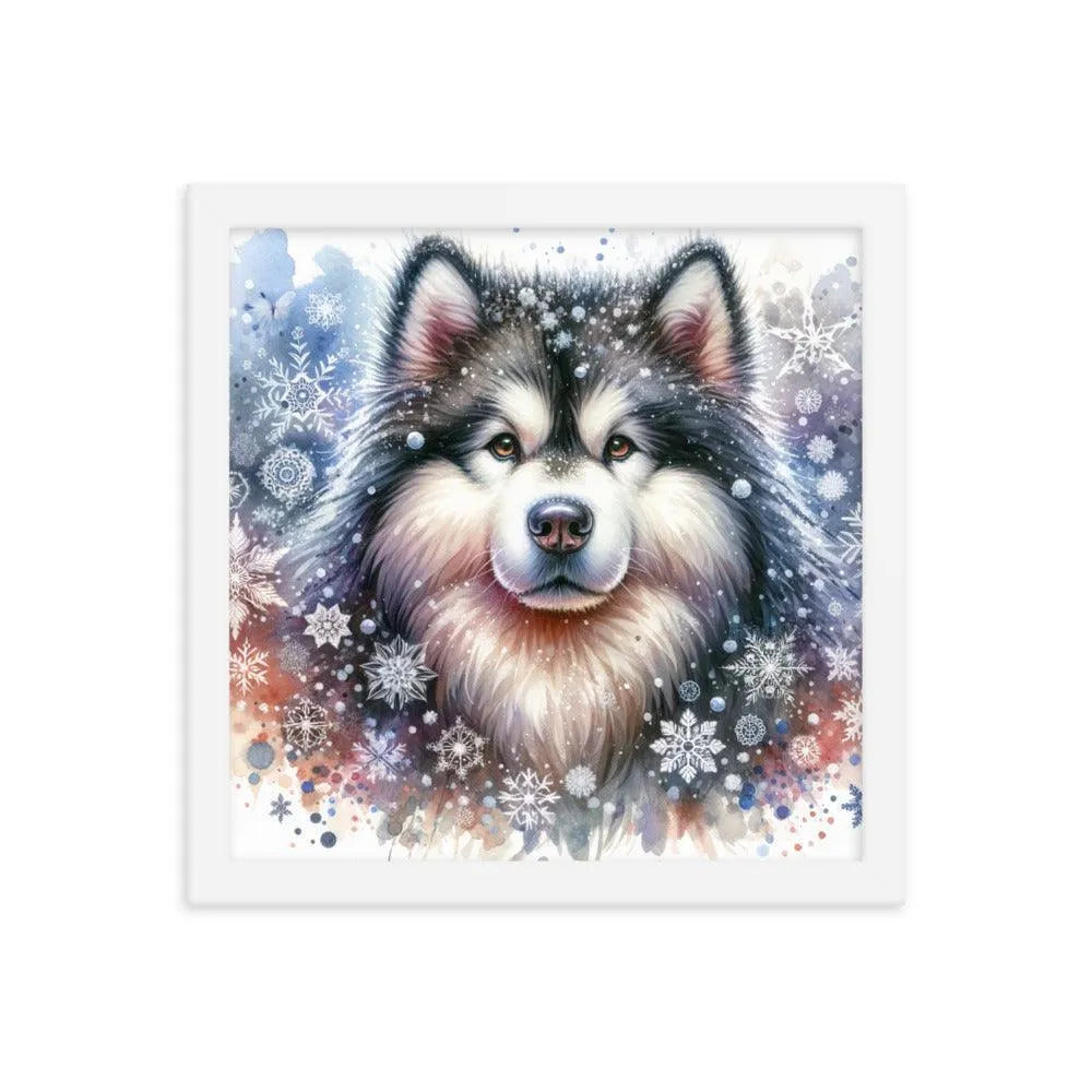 Snowy Flurries Alaskan Malamute Watercolor Framed Poster - Oh Posters