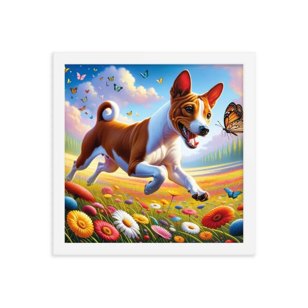 Energetic Basenji Dog Chasing Butterfly in Vibrant Meadow Landscape Framed Poster - Oh Posters