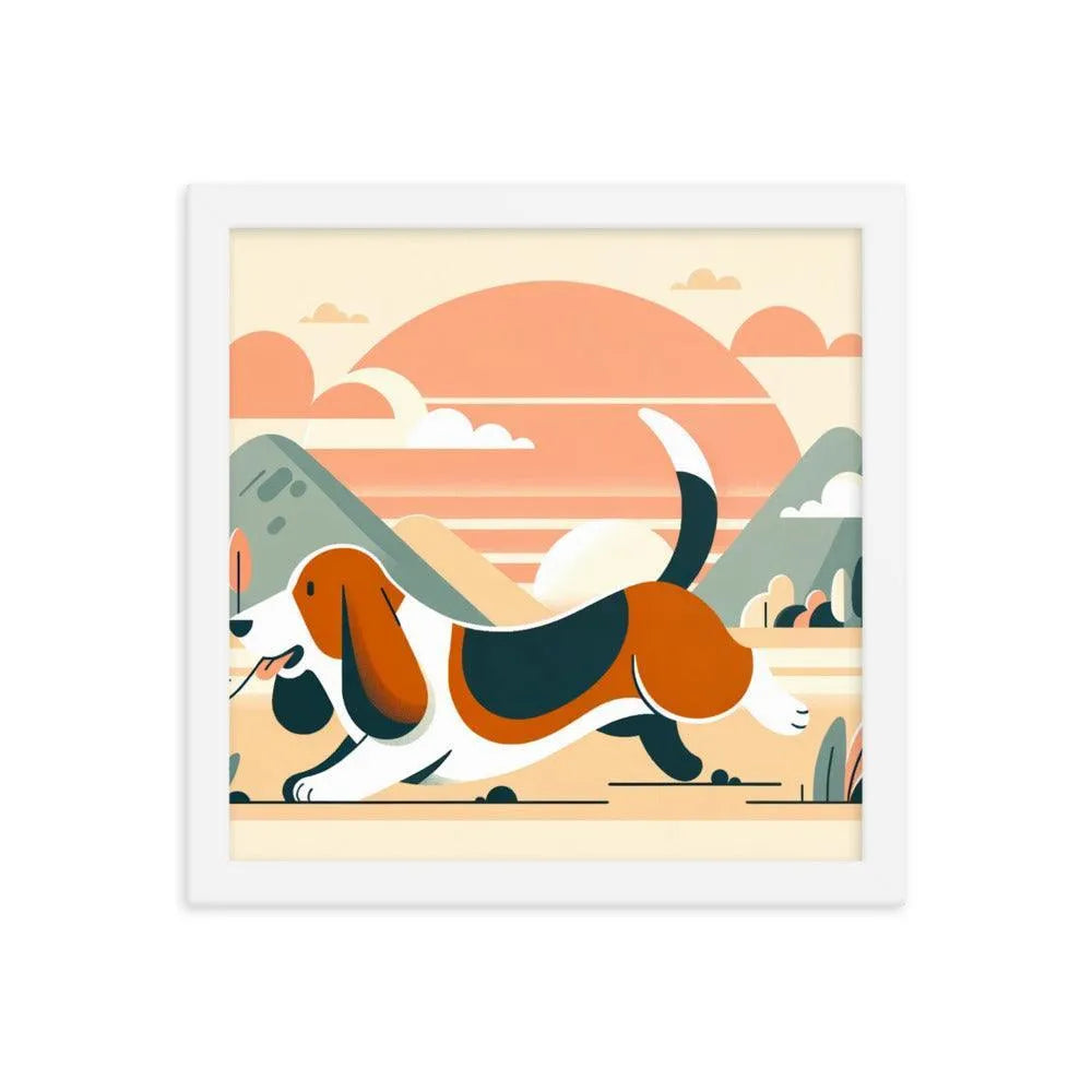 Joyful Basset Hound's Tail Chase Flat Art Framed Poster - Oh Posters