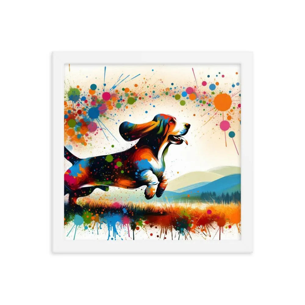 Joyful Basset Hound Playful Splatter Art Framed Poster - Oh Posters