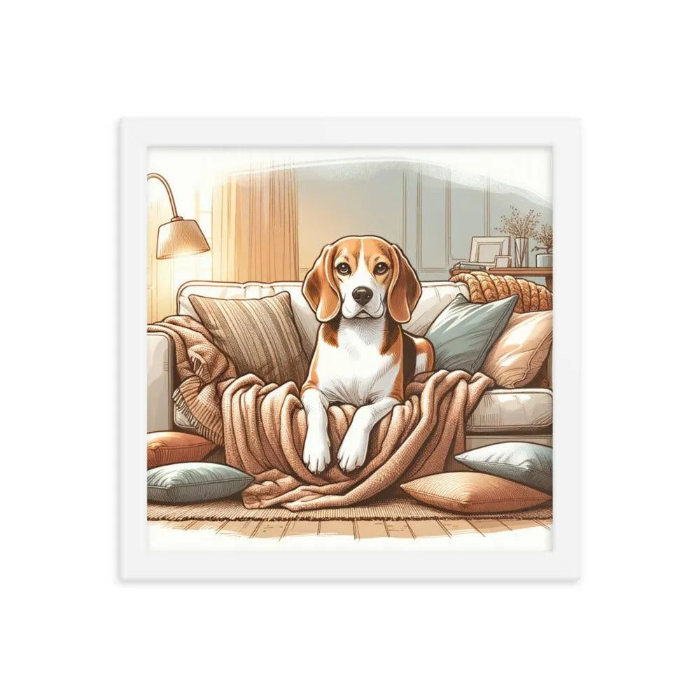 Cozy Beagle on the Couch Home Illustration Framed Poster - Oh Posters