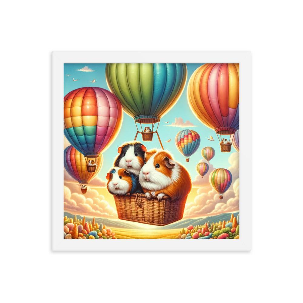 Guinea Pigs Soaring in Colorful Hot Air Balloons Illustration Framed Poster - Oh Posters