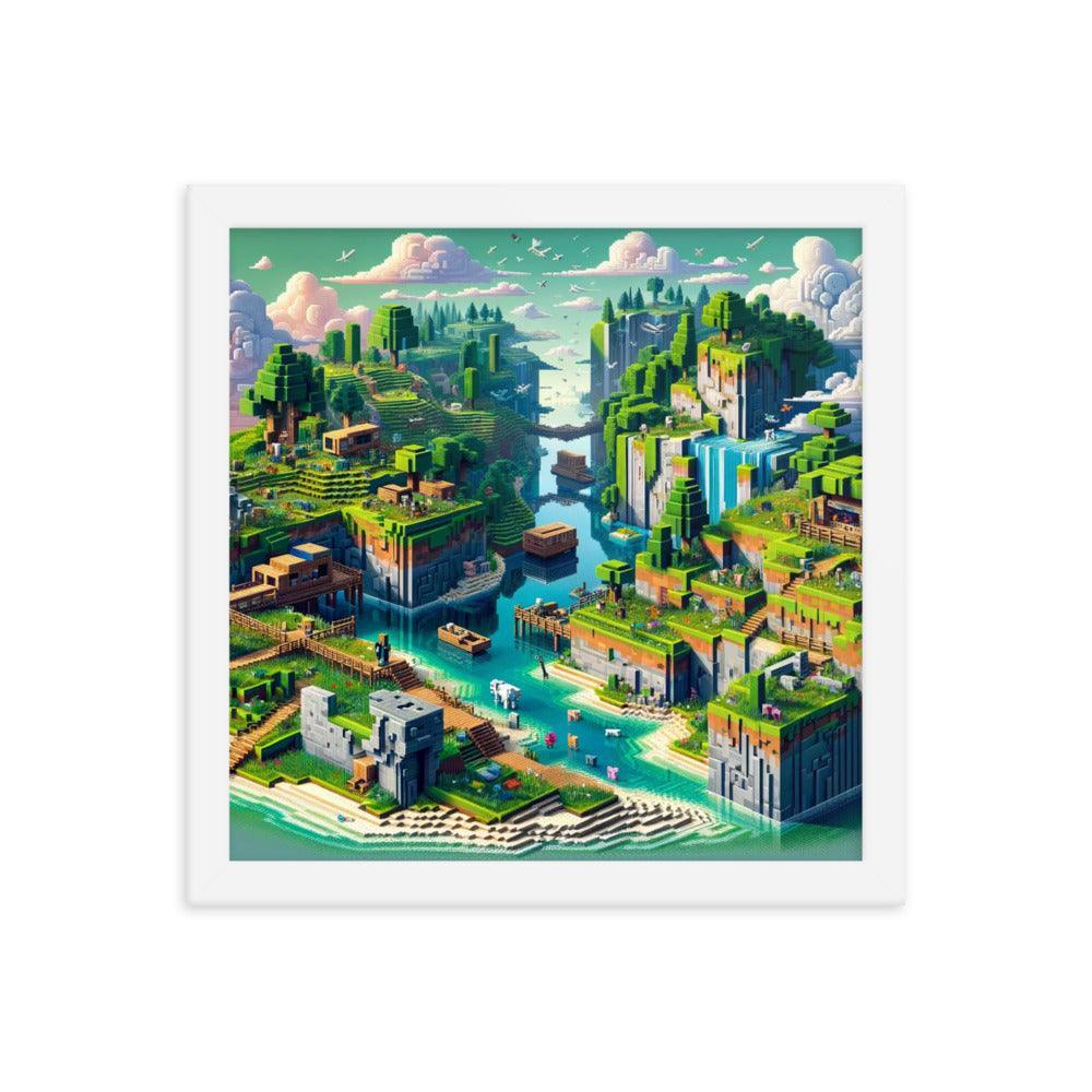 Minecraft Inspired Vibrant Block Landscape Digital Art Framed Poster - Oh Posters