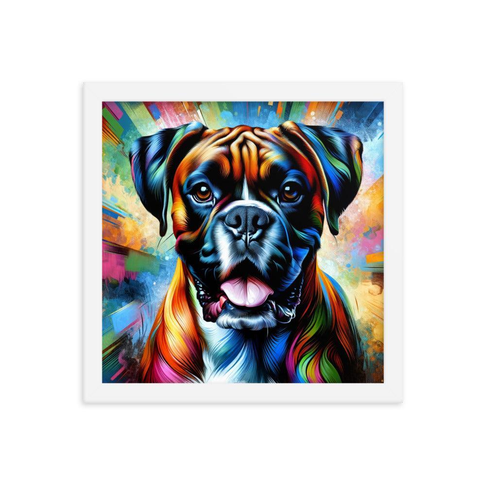 Vibrant Boxer Dog Energy in Colorful Abstract Art with Dynamic Pose Framed Poster - Oh Posters