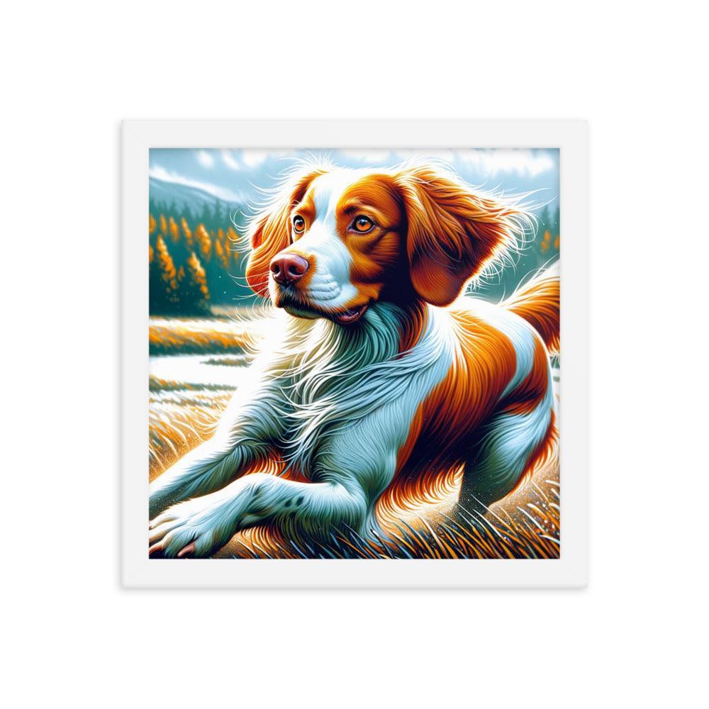 Brittany Dog in Nature Dynamic Pose with Vibrant Outdoor Scene Framed Poster - Oh Posters