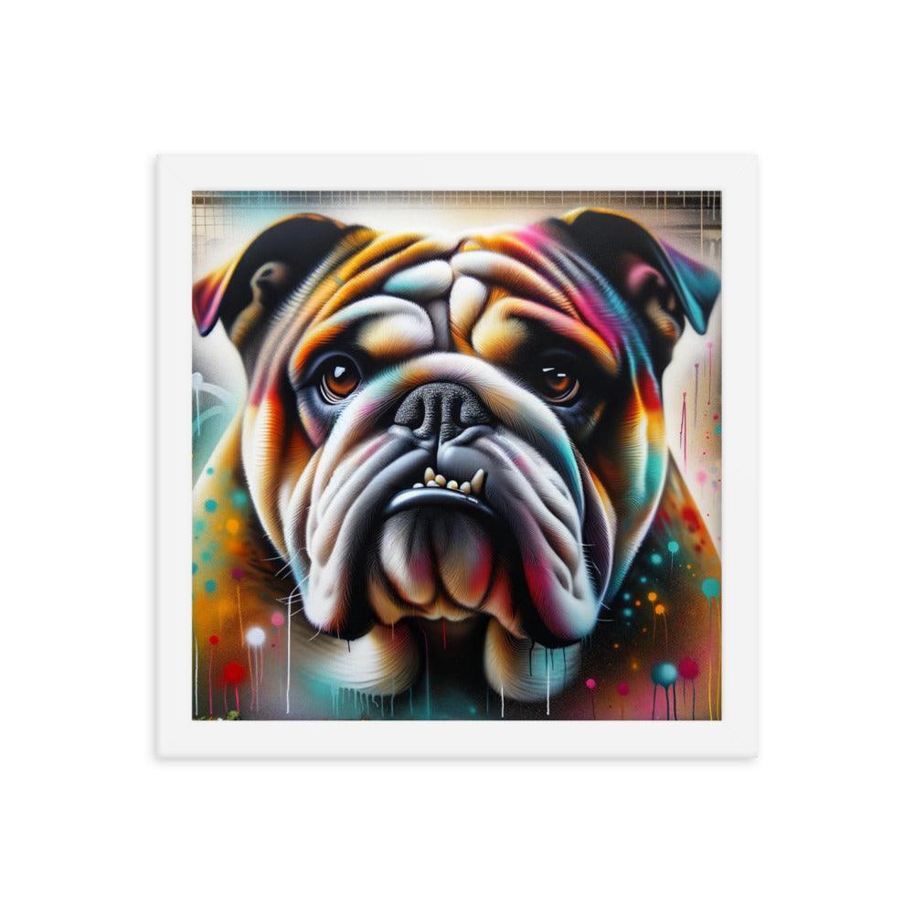 English Bulldog Graffiti Art with Vibrant Spray Paint and Urban Background Framed Poster - Oh Posters