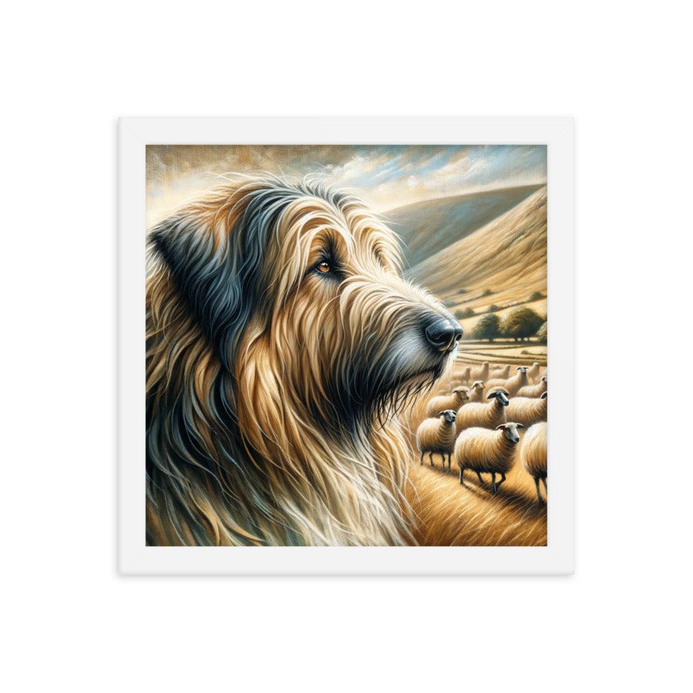 Catalan Sheepdog in Pastoral Setting with Flock and Rolling Hills Framed Poster - Oh Posters