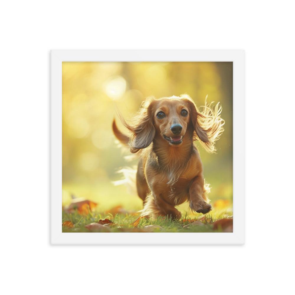 Joyful Long-Haired Dachshund's Playful in Autumn Framed Poster - Oh Posters