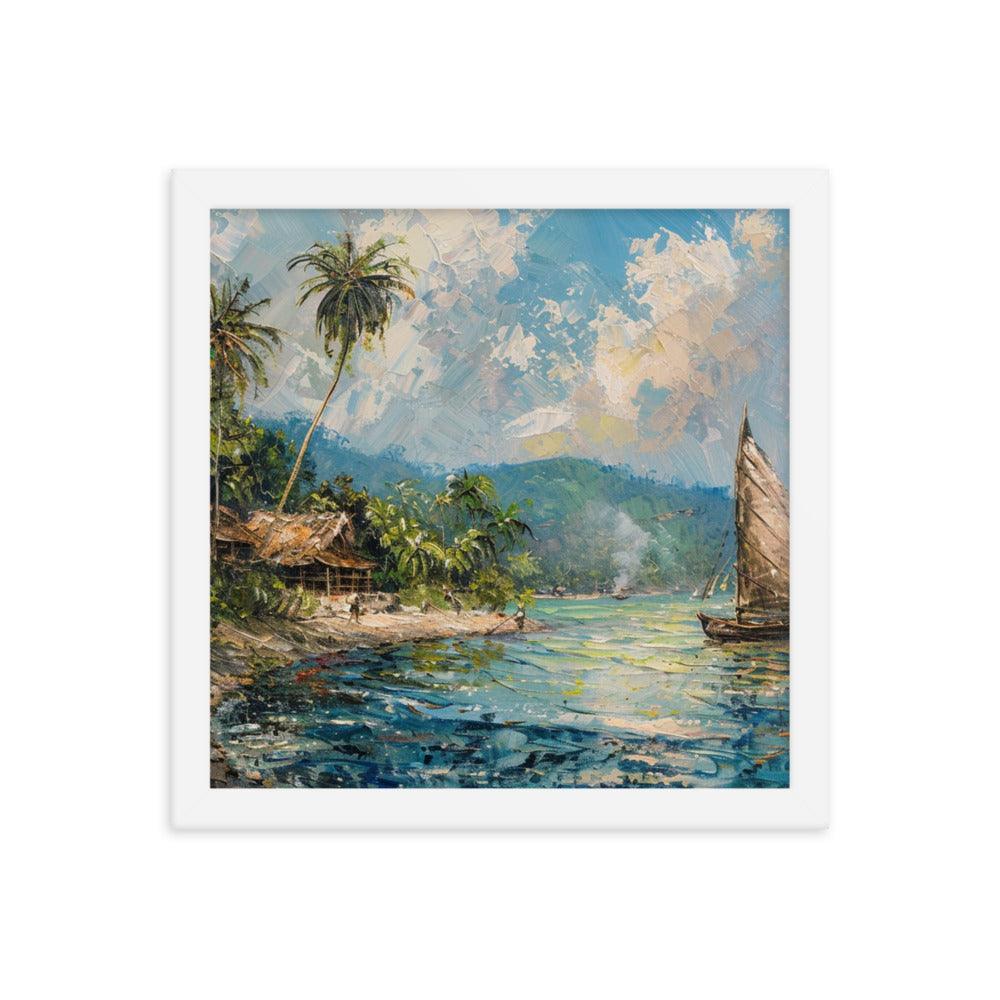 Comoros Beachside Hut and Sailboat Tropical Scene Framed Poster - Oh Posters