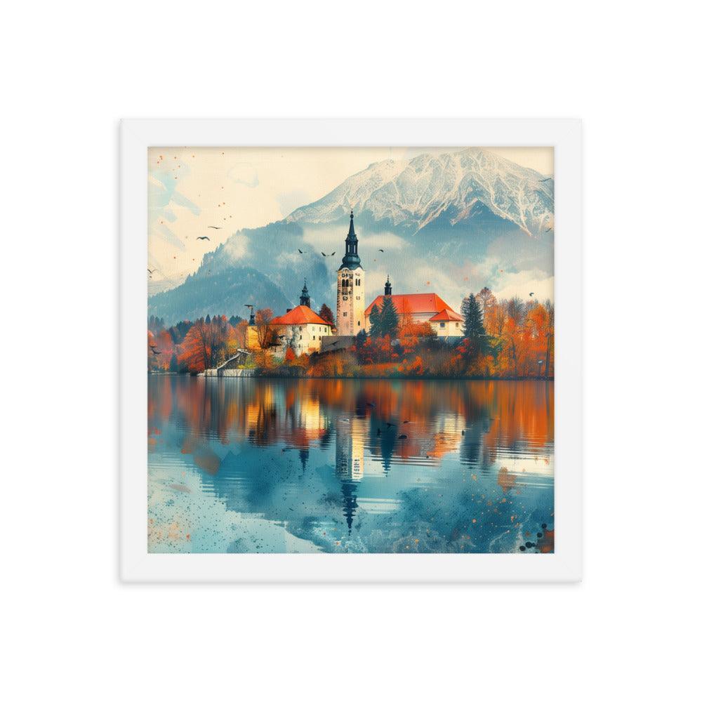Slovenia Autumn Lakeside Church Reflection Framed Poster - Oh Posters