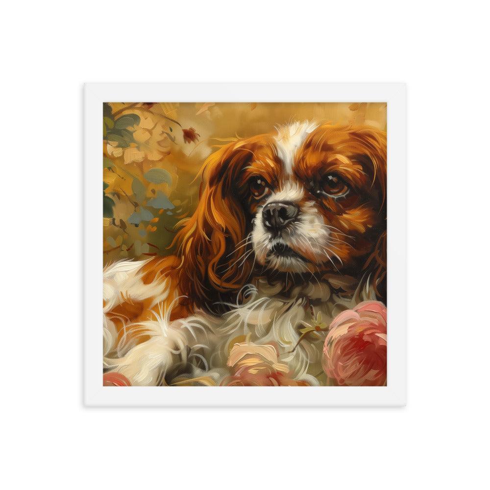 English Toy Spaniel Lying Among Roses Painting Framed Poster - Oh Posters