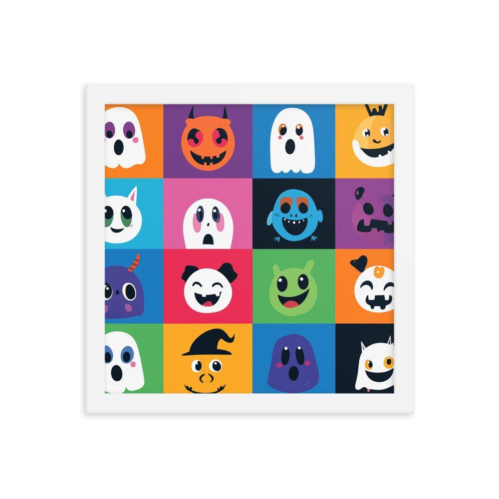 Cheerful Halloween Ghosts and Pumpkins Cartoon Faces Framed Poster - Oh Posters