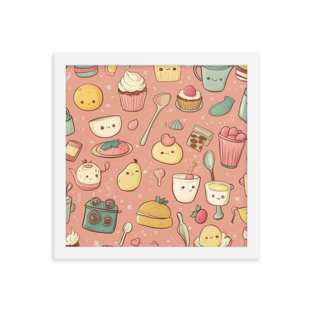 Kawaii Food and Kitchen Utensils Cute Doodle Pattern Framed Poster - Oh Posters