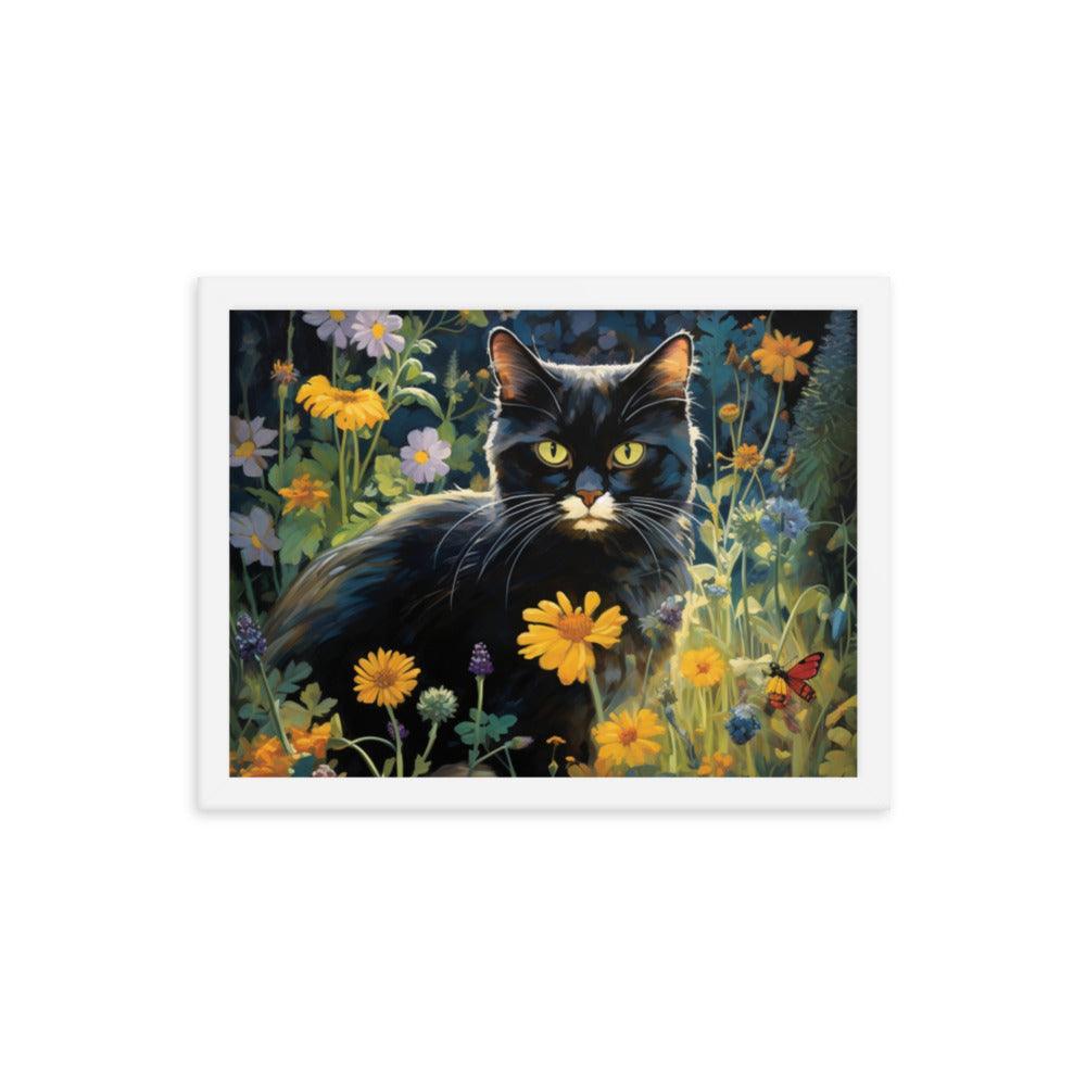 Cat in Moonlit Floral Garden Framed Poster - Oh Posters