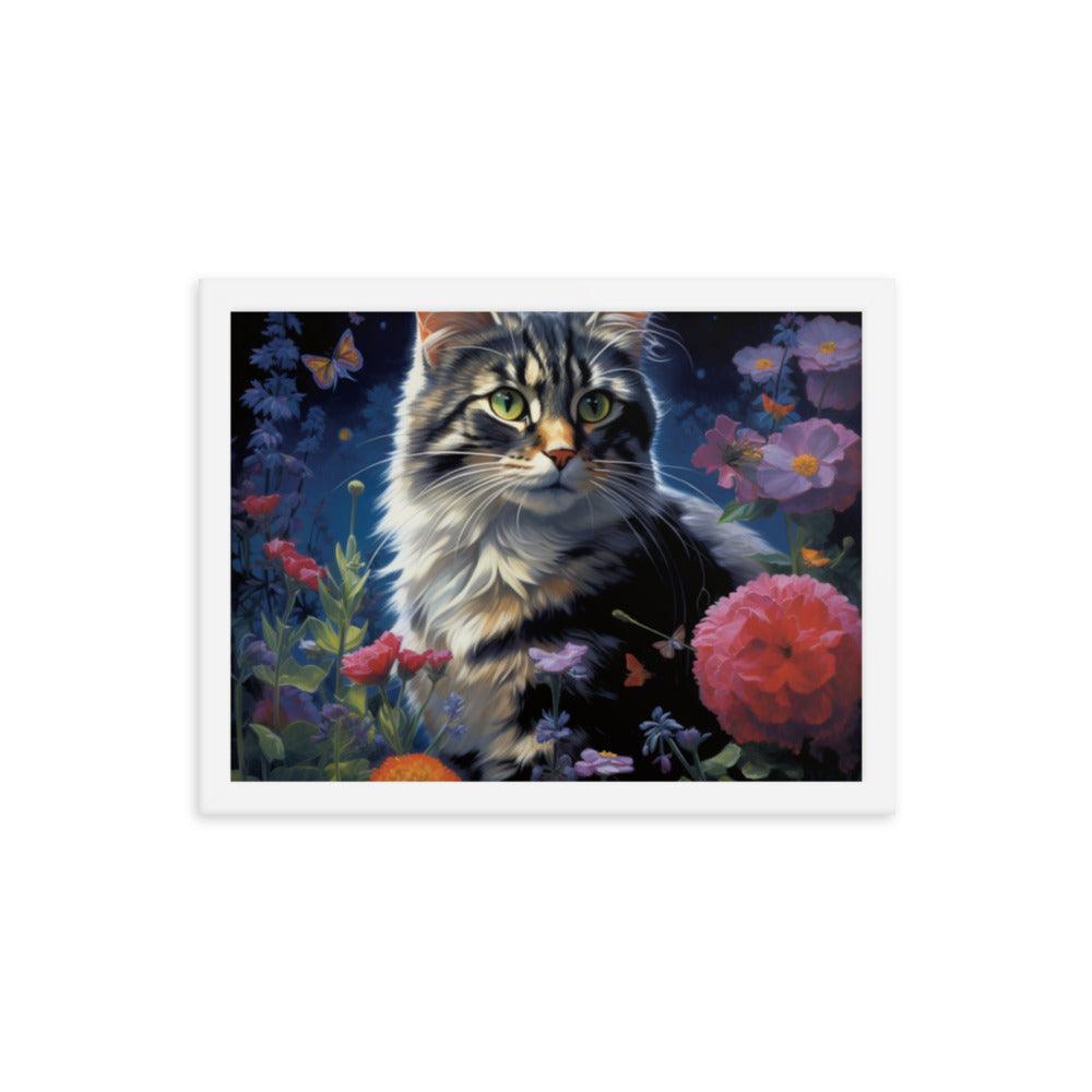 Cat in Moonlit Floral Garden Framed Poster - Oh Posters