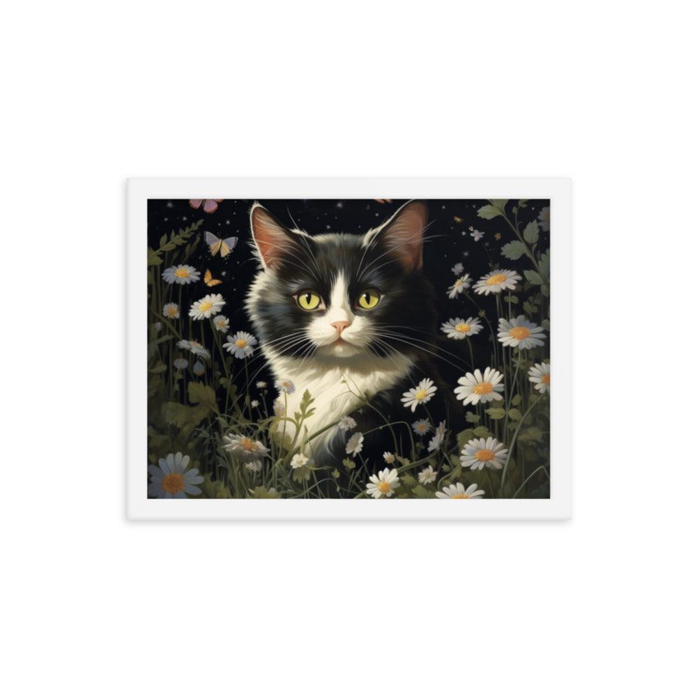 Cat in Moonlit Floral Garden Framed Poster - Oh Posters