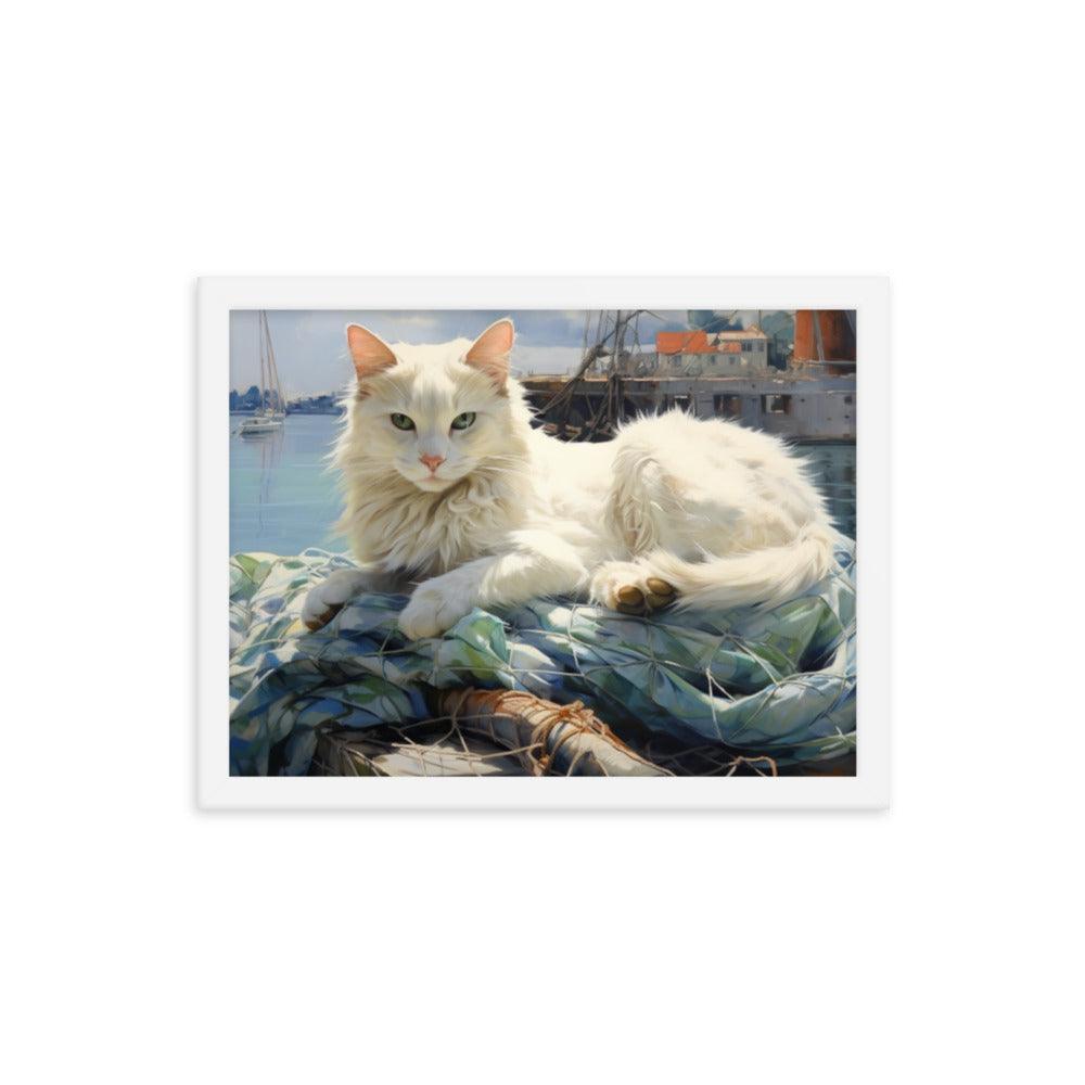 Cat Lounging at Seaside Harbor Framed Poster - Oh Posters