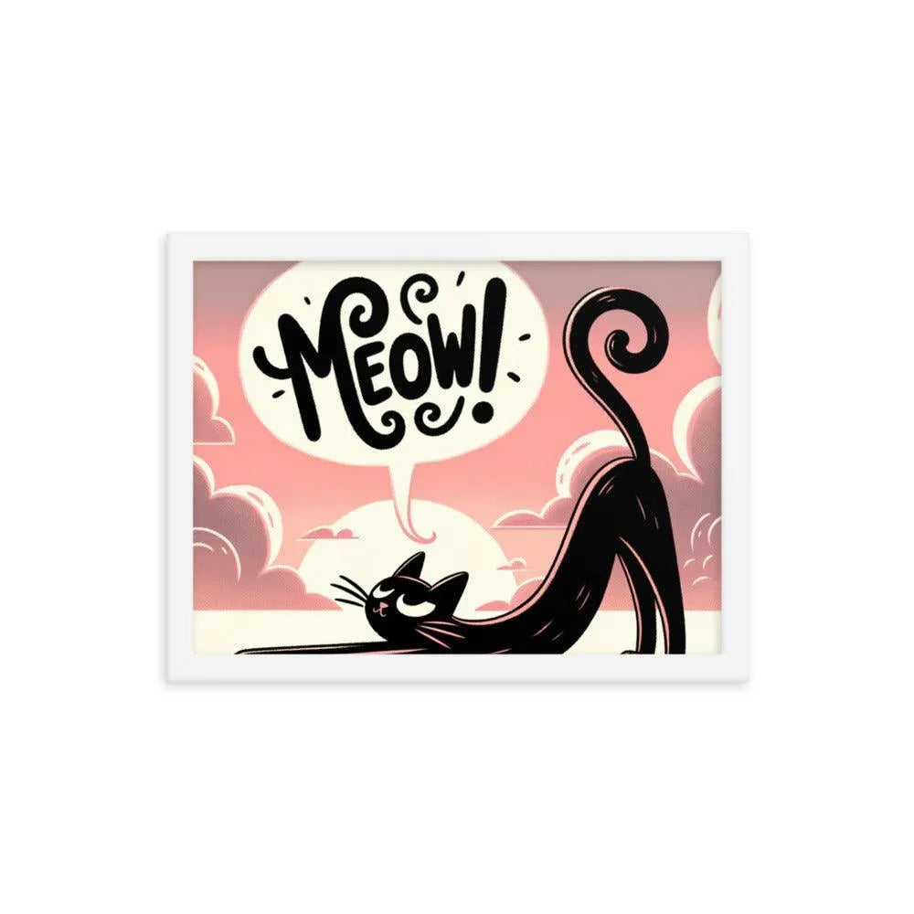 Cat Stretching Saying Meow at Sunset Framed Poster - Oh Posters