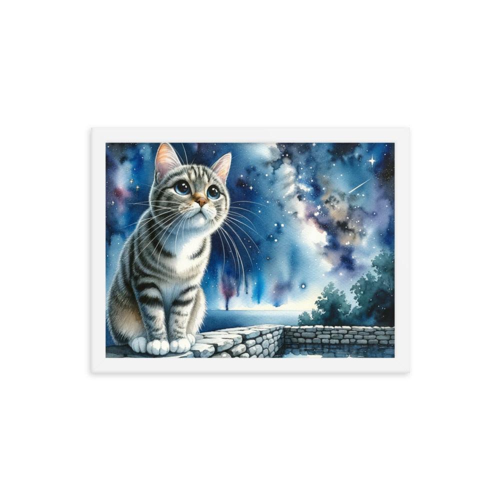 Cat on Wall under Starry Sky - Mystical Framed Poster - Oh Posters