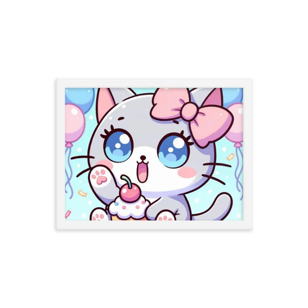 Kawaii Grey Cat with Cupcake Cute Anime Style Framed Poster - Oh Posters