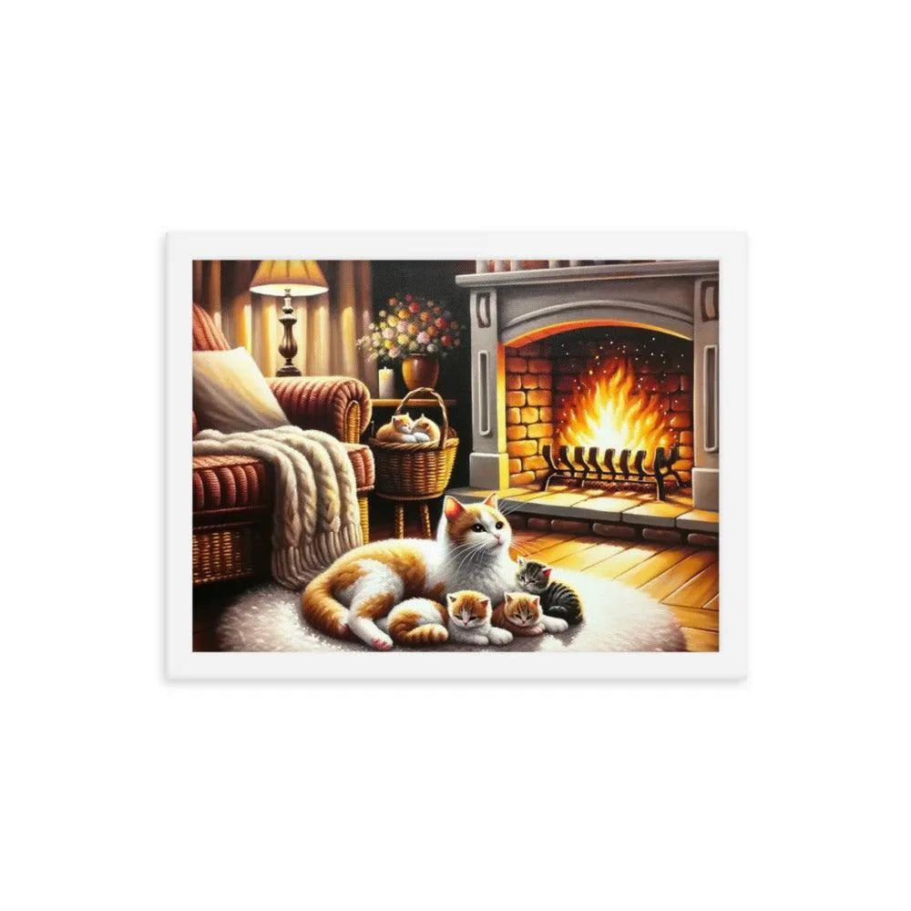 Cozy Fireplace Cat and Kittens Relaxing Art Framed Poster - Oh Posters