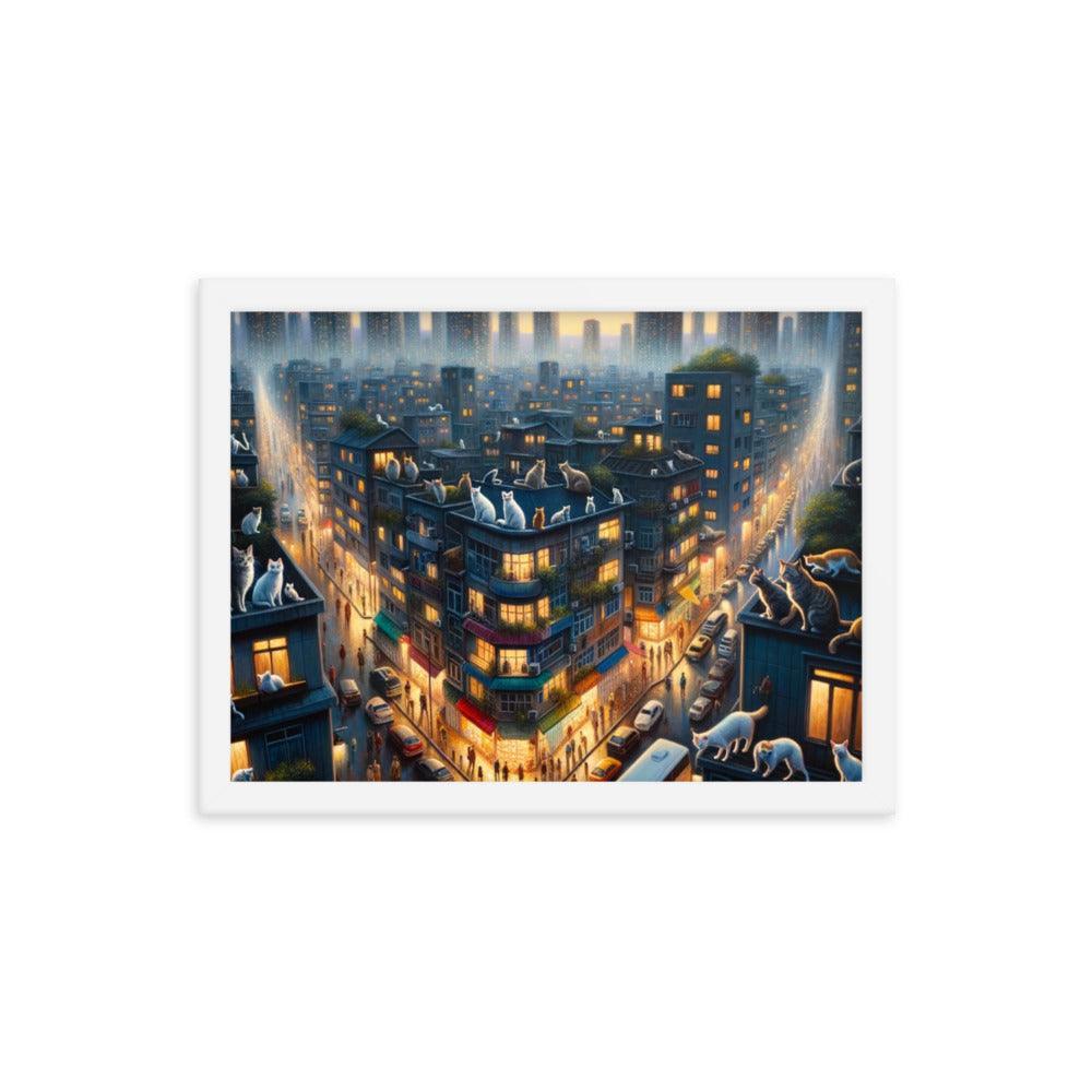 Cats' Twilight Cityscape Magical Glow Art Framed Poster - Oh Posters