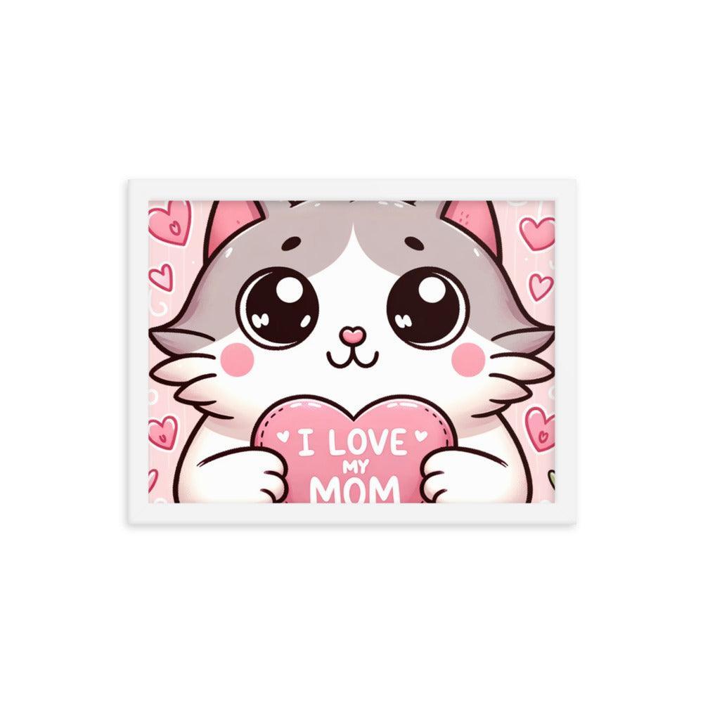 Cat Holding 'I Love My Mom' Sign on Lavender Heart Backdrop - Affectionate & Playful Framed Poster - Oh Posters