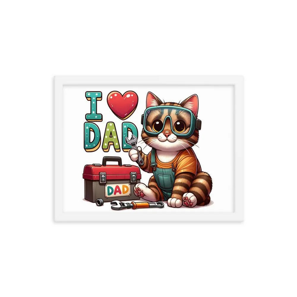 I Love Dad Handyman Cat Cartoon Framed Poster - Oh Posters