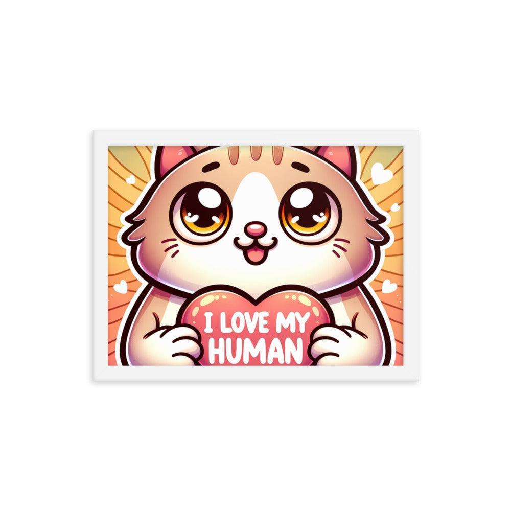 Cat with 'I Love My Human' Heart Sign on Warm Gradient - Affectionate Framed Poster - Oh Posters