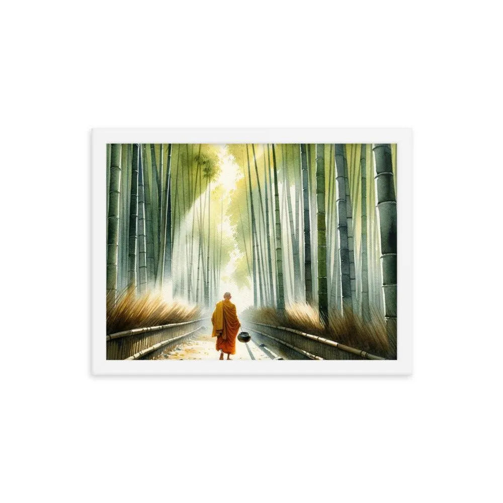 Monk in Bamboo Forest Collecting Dew - Serene Morning Reverie Framed Poster - Oh Posters