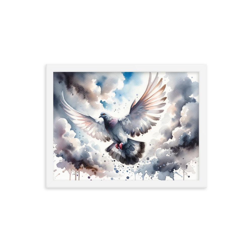 Majestic Pigeon Watercolor Sky Flight Art Framed Poster - Oh Posters