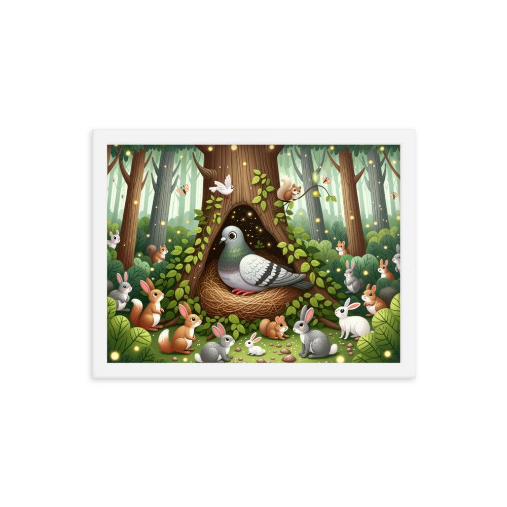 Pigeon in Forest Tree Hollow with Curious Creatures - Whimsical Woodland Framed Poster - Oh Posters