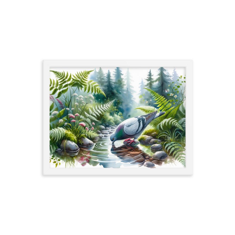 Pigeon Drinking from Forest Stream Art Framed Poster - Oh Posters