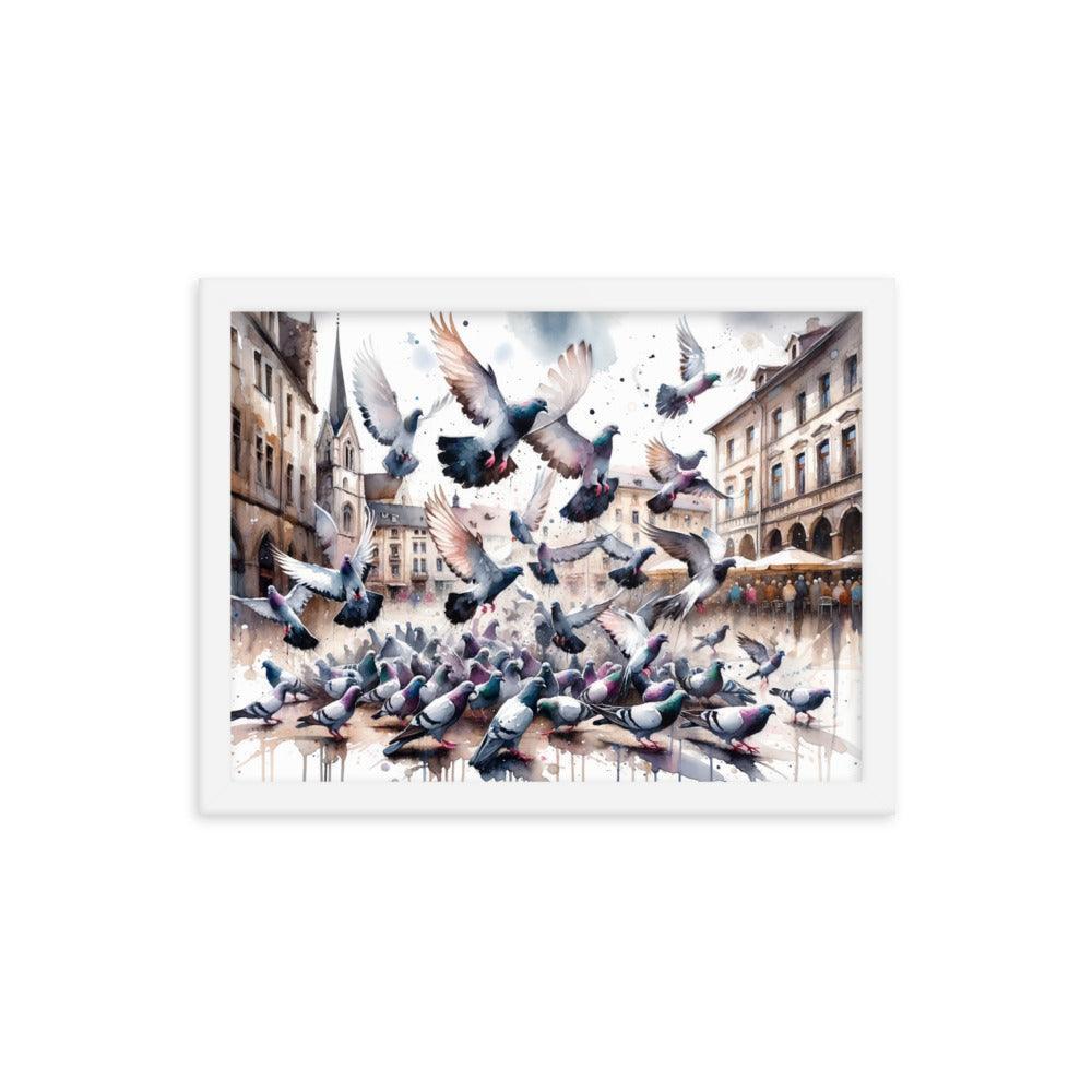 Pigeon Flock Dynamic Watercolor Cityscape Framed Poster - Oh Posters