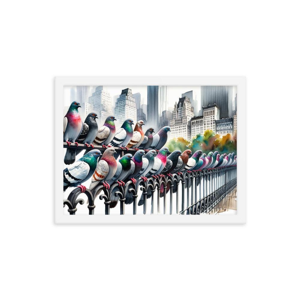 City Pigeons Flock Watercolor Skyline View Framed Poster - Oh Posters