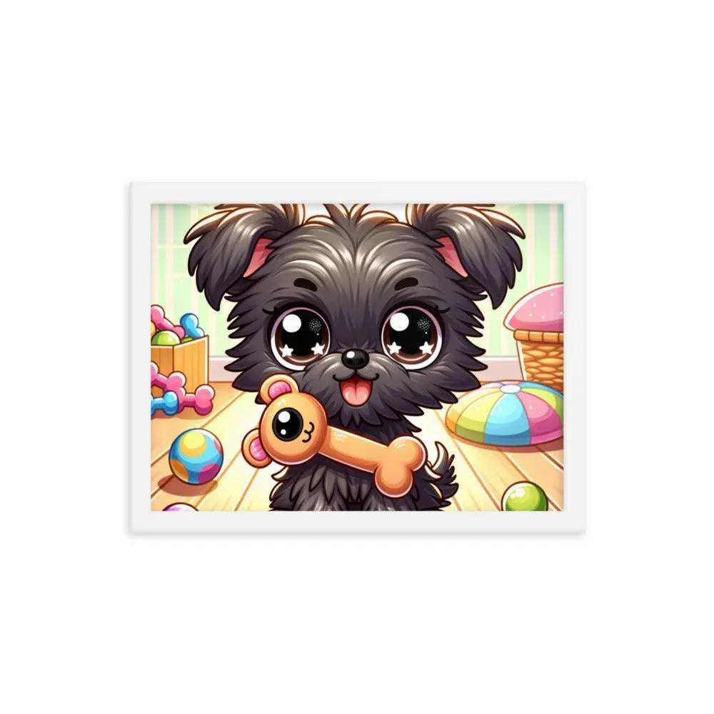 Cute Affenpinscher Puppy with Toy - Playful Charm in Cartoon Framed Poster - Oh Posters