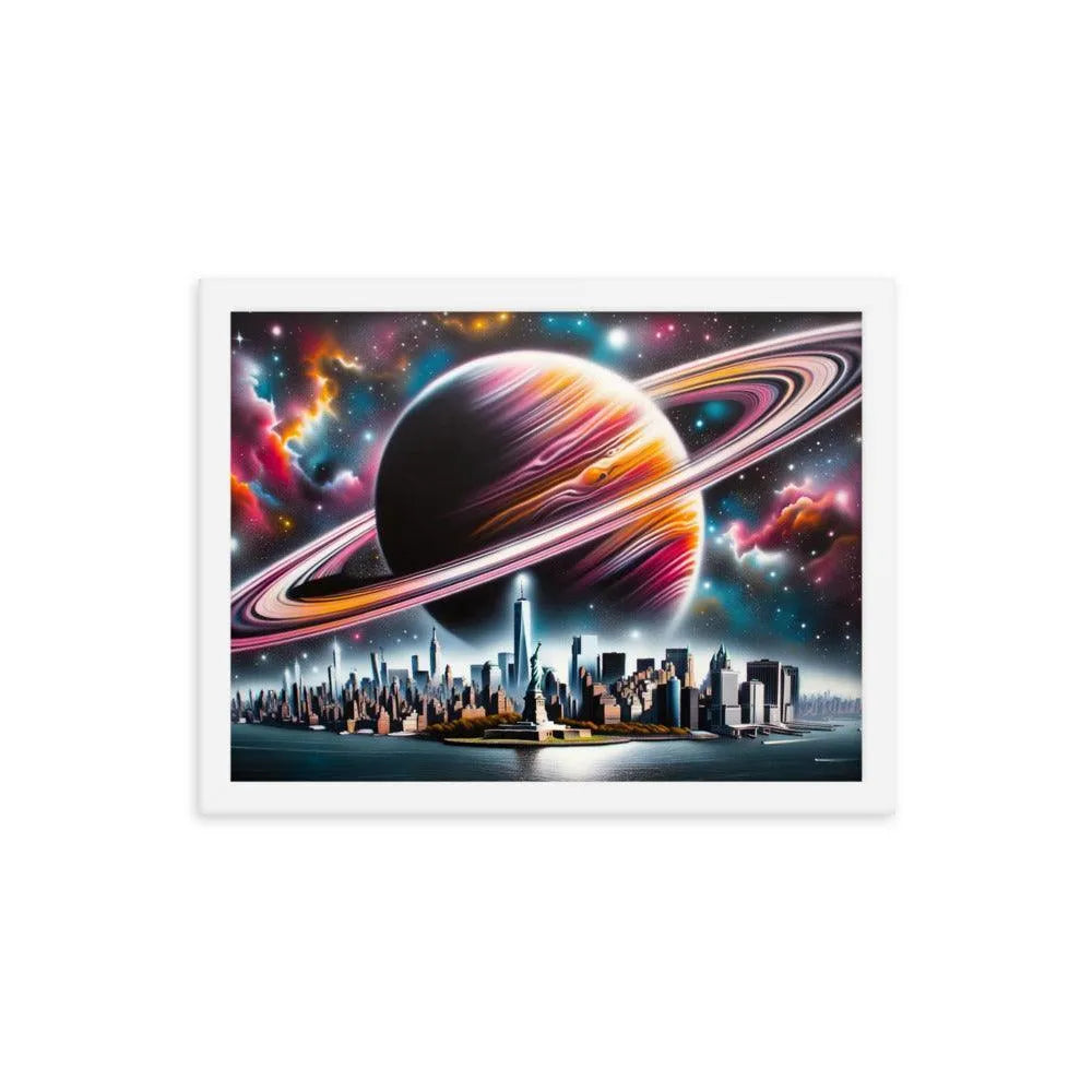 Futuristic New York City Skyline with Saturn Spray Paint Art Framed Poster - Oh Posters