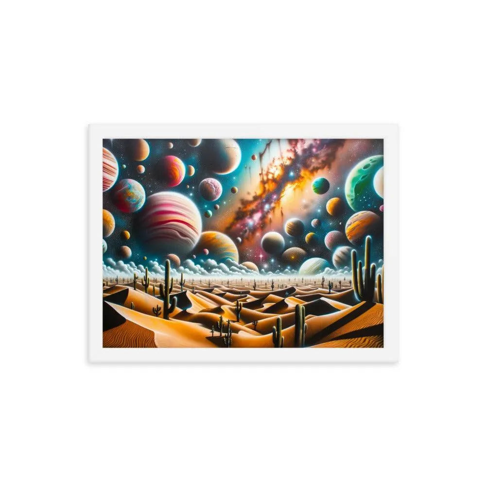 Desert Landscape with Colorful Graffiti Planets Spray Paint Art Framed Poster - Oh Posters