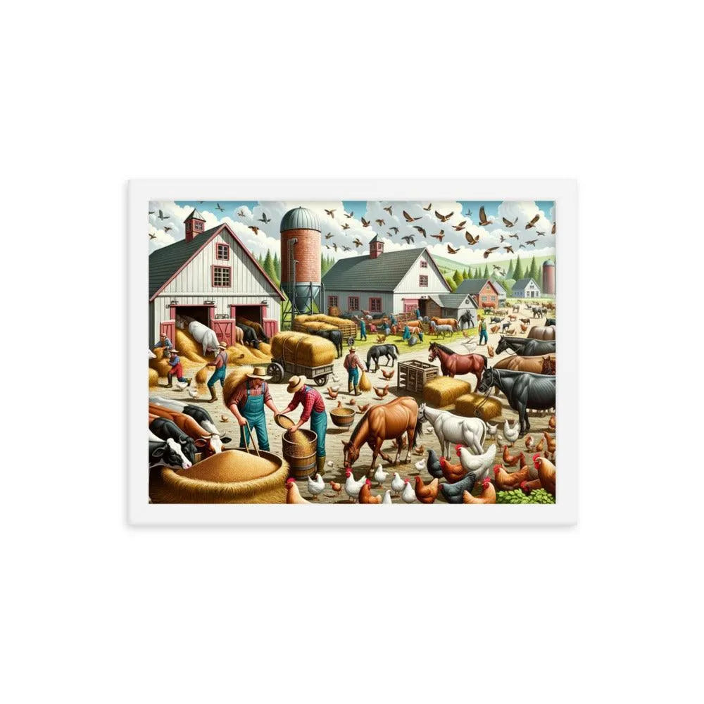 Lively Farmyard Feeding Time Illustration Framed Poster - Oh Posters