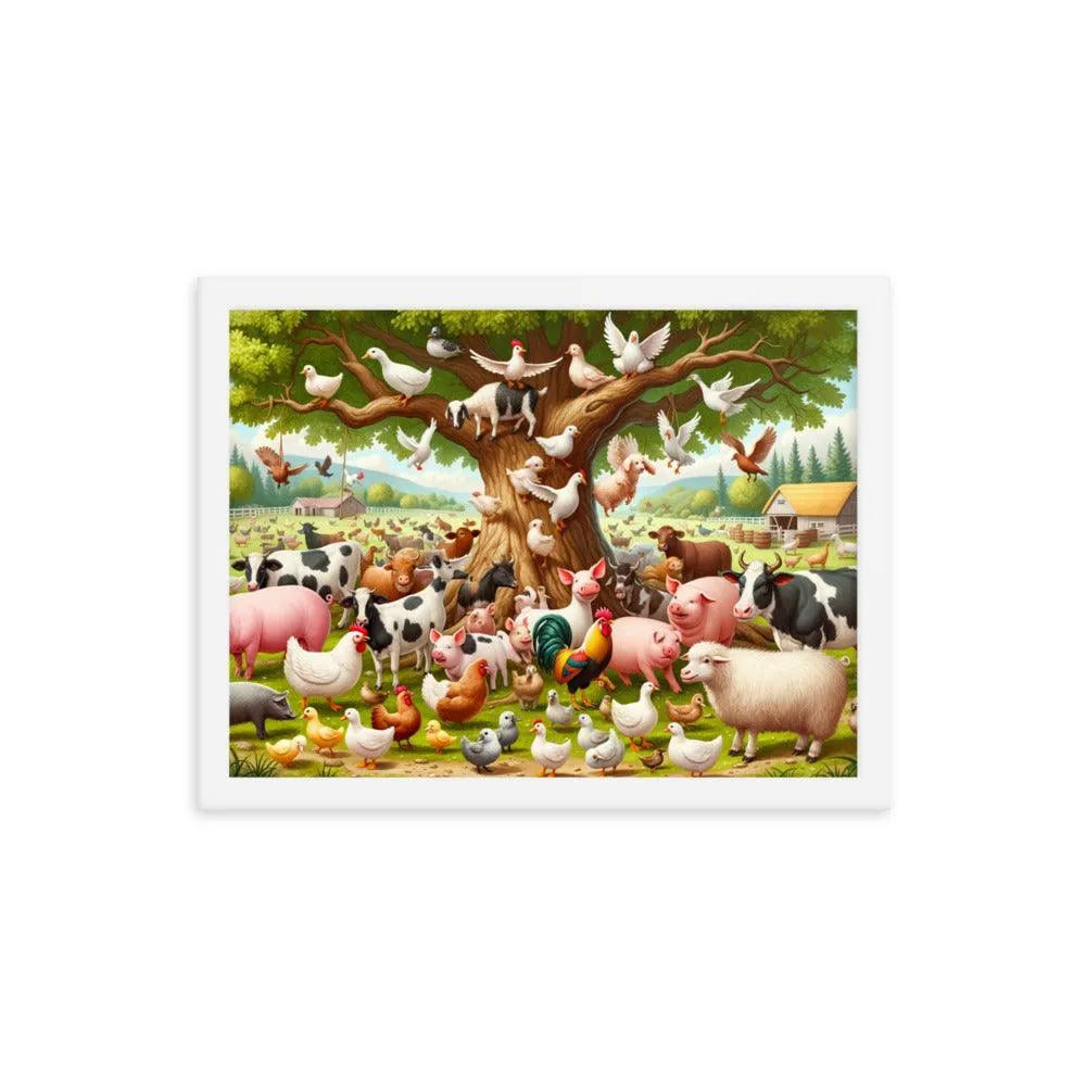 Diverse Farm Animal Gathering Illustration Framed Poster - Oh Posters