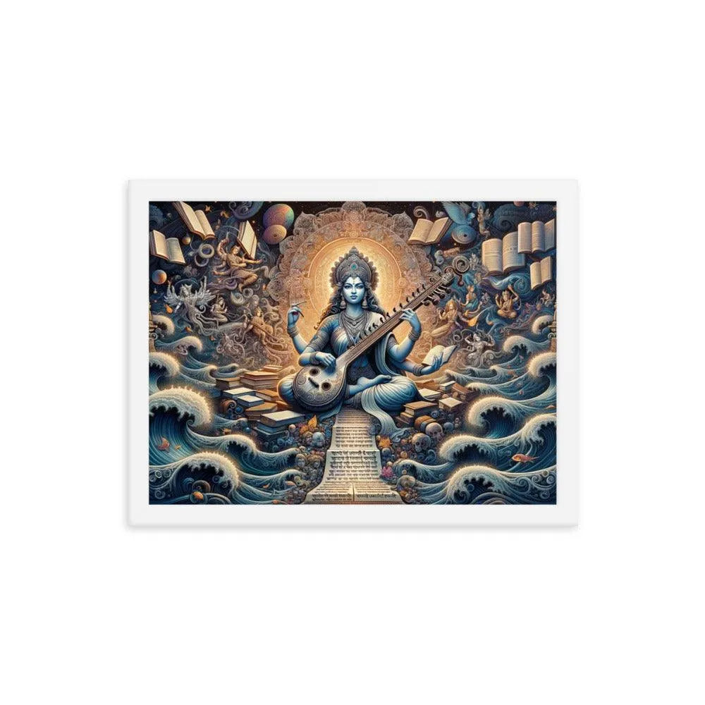 Goddess Saraswati Playing Veena amidst a Lush Landscape Hindu Artistic Framed Poster - Oh Posters