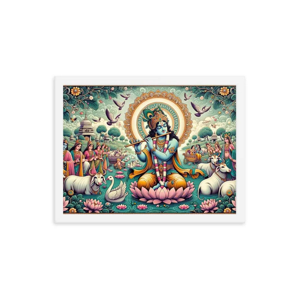 Hindu Lord Krishna Divine Flute Music Vrindavan Framed Poster - Oh Posters