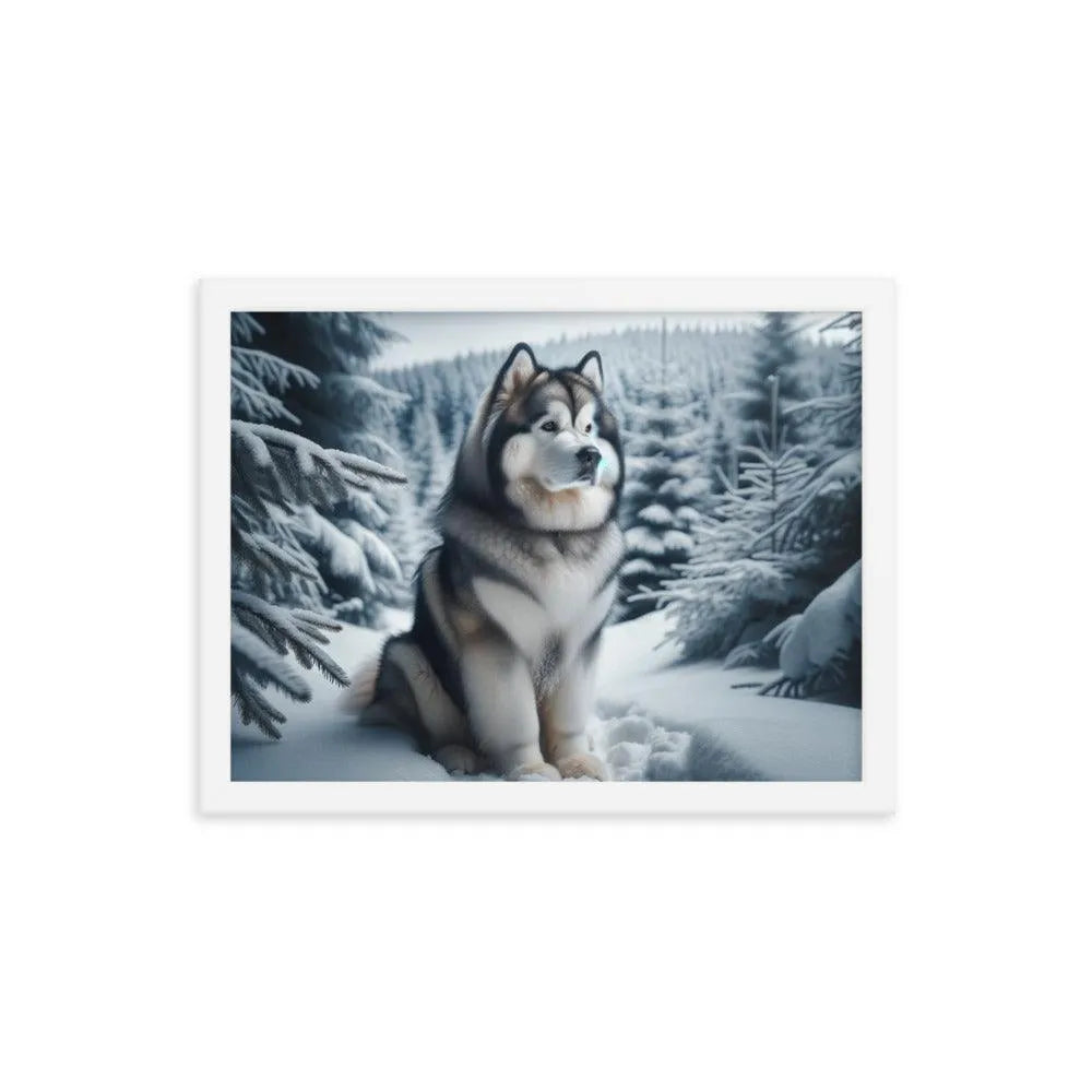 Graceful Alaskan Malamute in Wintry Forest Framed Poster - Oh Posters