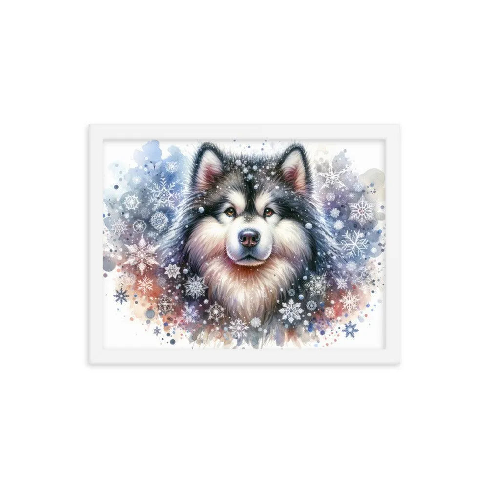 Snowy Flurries Alaskan Malamute Watercolor Framed Poster - Oh Posters