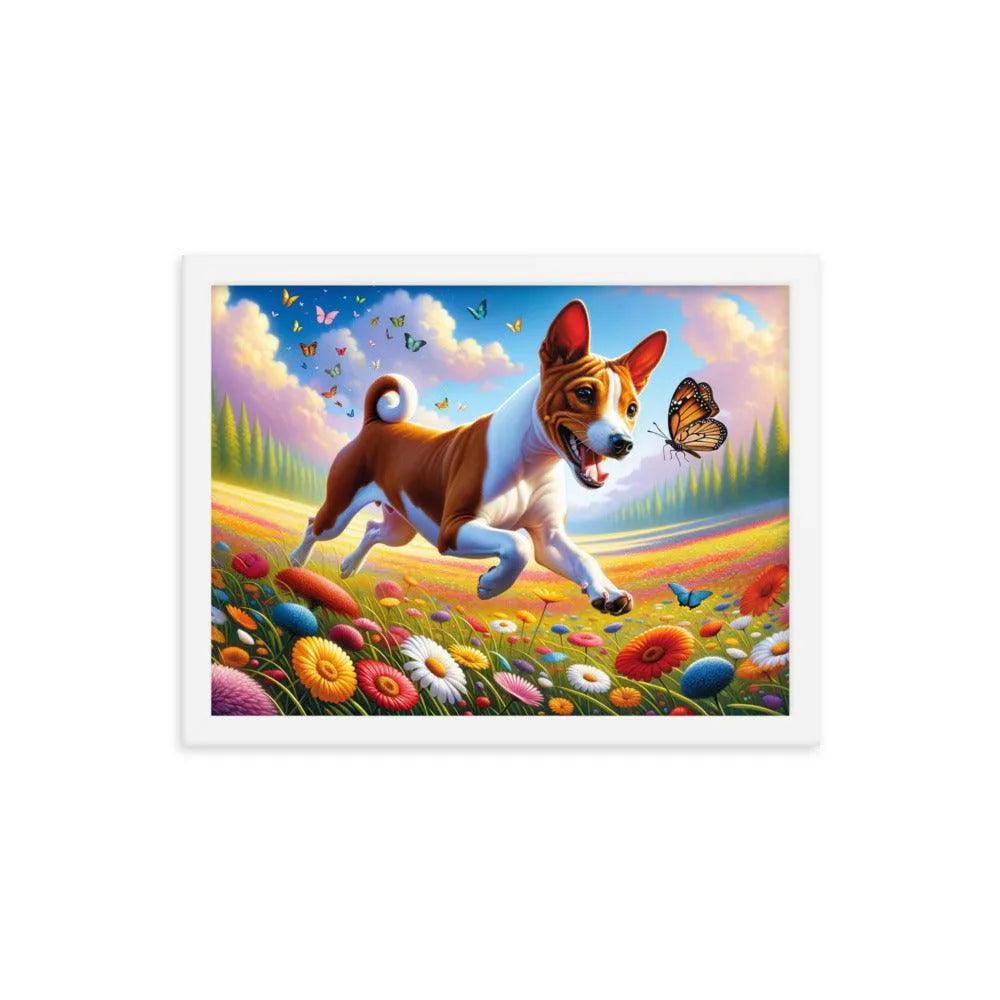 Energetic Basenji Dog Chasing Butterfly in Vibrant Meadow Landscape Framed Poster - Oh Posters